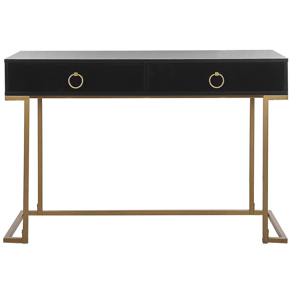 Consolle Nero 2 cassetti con maniglie ad anello Base in metallo dorato scrivania smart working Tavolo da salotto Comò per camera da letto