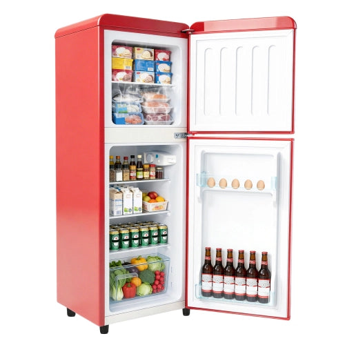 Frigorifero a doppia porta (112L) – controllo della temperatura a 7 livelli; classe di efficienza energetica E; luce LED; ripiani regolabili e portauova – Rosso