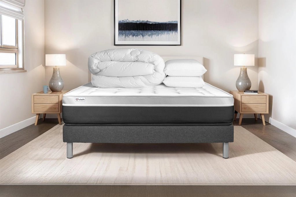 Pacchetto letto completo - Materasso 160x200cm + Box spring con doghe (kit) + 2 cuscini + Piumino - Vital Soft