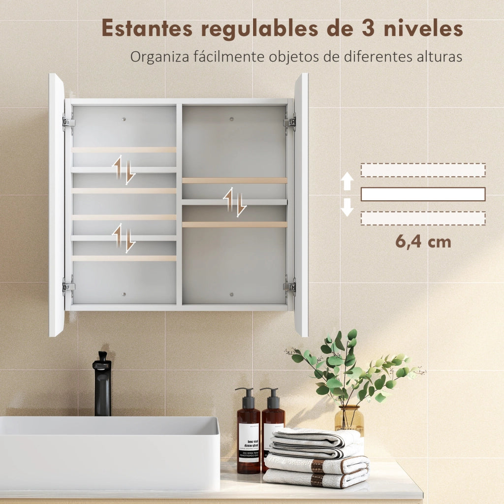 Armadietto Bagno con Specchio e Ante Curve 2 Porte Ripiani Regolabili ¨C zephmum ¨C Bianco 68x13x66 cm