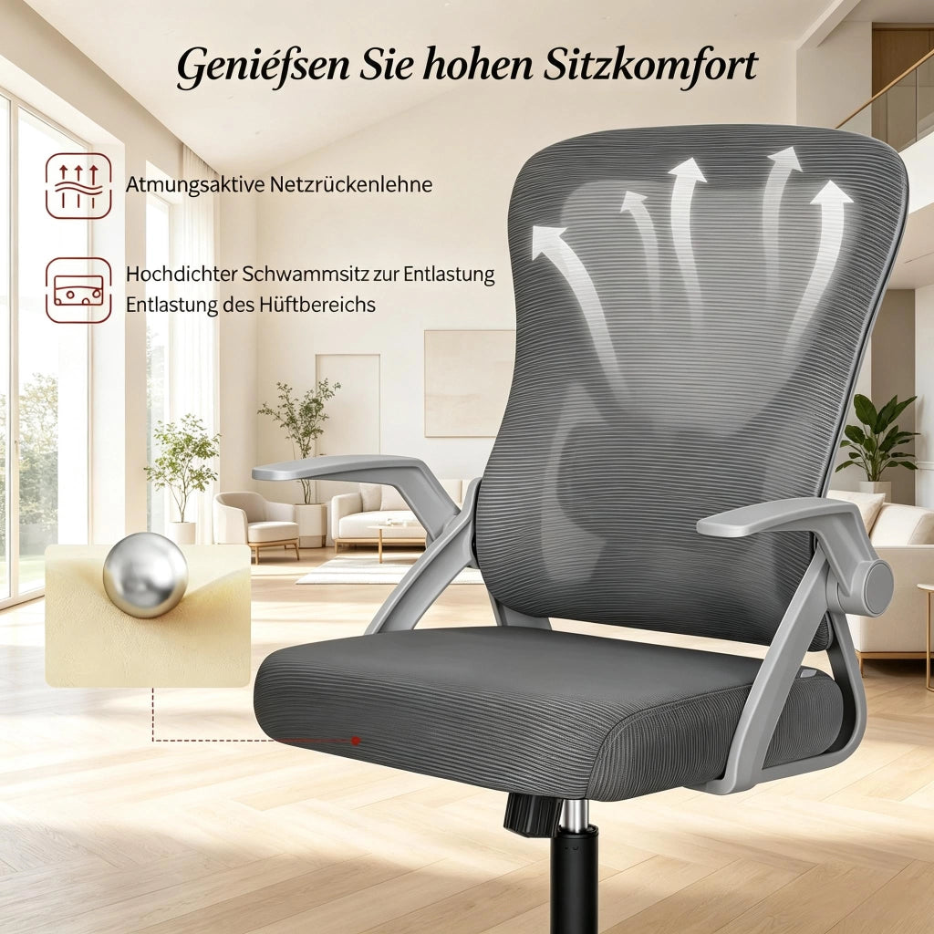 Sedia da ufficio girevole ergonomica con schienale reclinabile e braccioli pieghevoli in rete e schiuma grigia