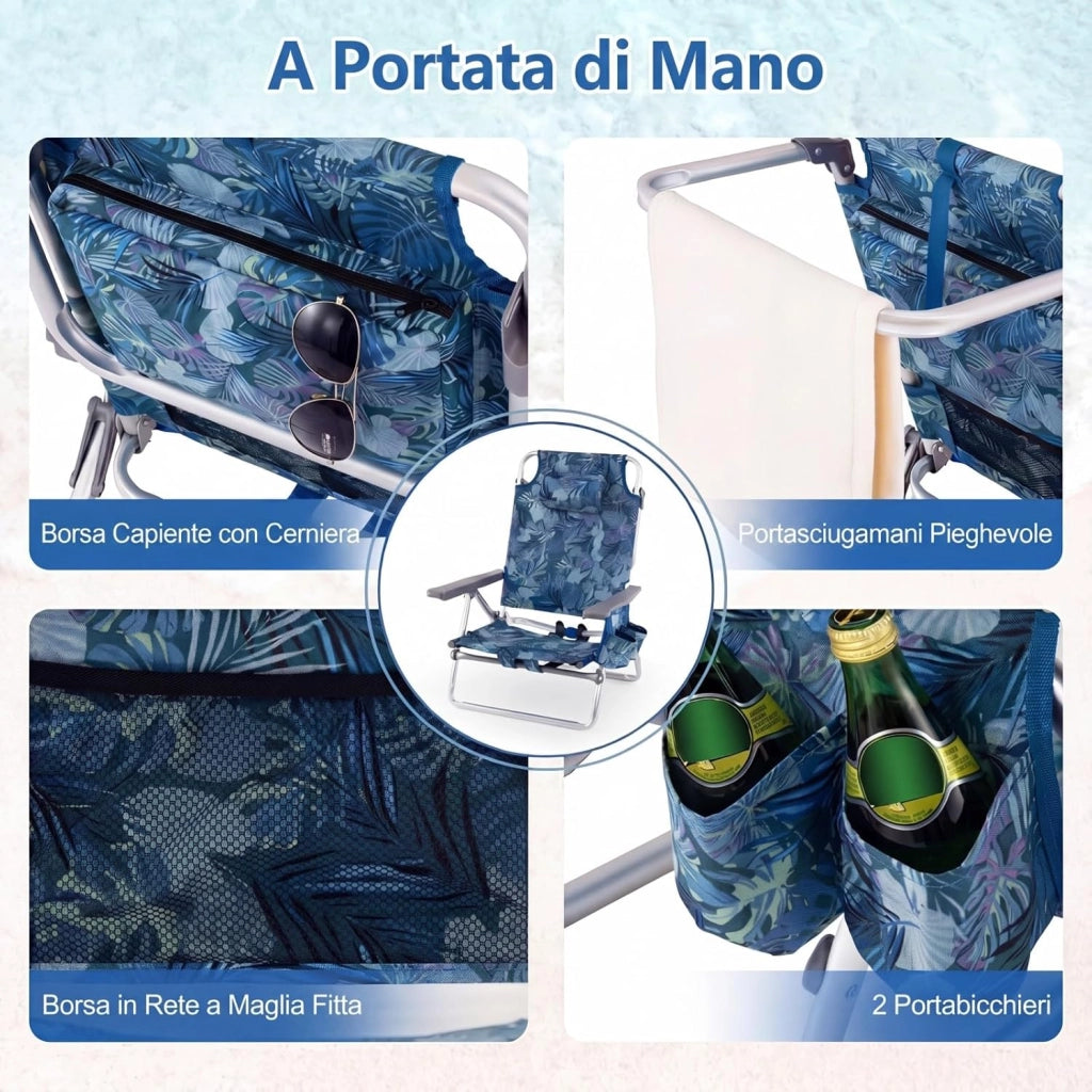 Set di 2 Sedie e Tavolino da Spiaggia Pieghevole, Schienale Regolabile a 5 Livelli, con Portatesta, Borsa Portaoggetti, Borsa Termica, per Campeggio Picnic Esterno (Blu Scuro, Modello 2)