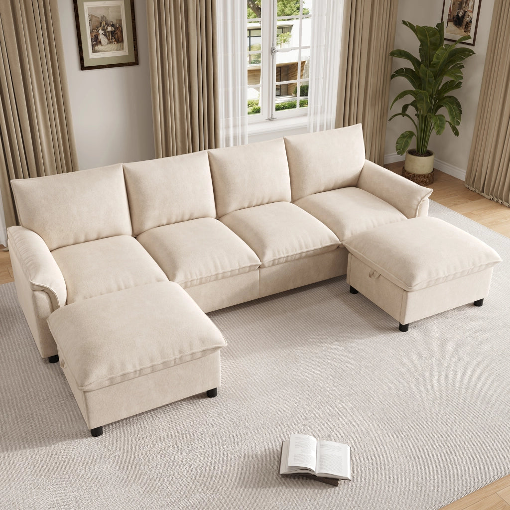 Divano modulare a U con 2 pouf contenitore e seduta profonda in ciniglia beige schienale alto 264,5 × 142,5 × 84 cm