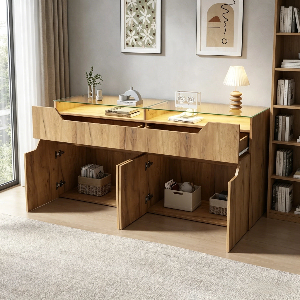 Credenza con 2 cassetti; piano in vetro temperato e LED per soggiorno e sala da pranzo; 140×40×70 cm