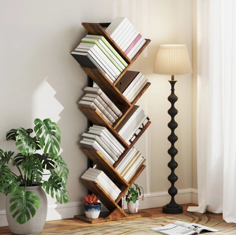 Libreria a 9 Ripiani a Forma di Albero in Acciaio, Marrone Rustico, 50x24x136 cm