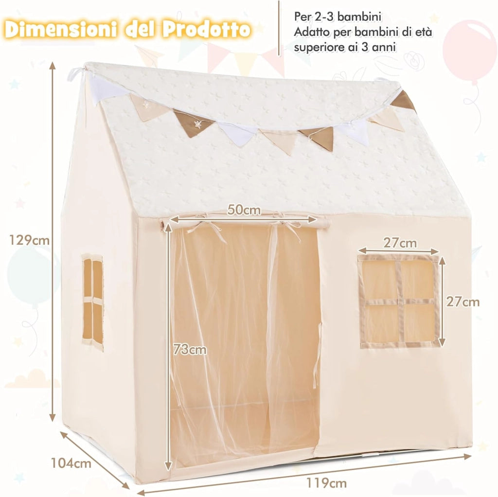 Tenda Casetta per Bambini con Tetto Stellato Luminoso nel Buio, Tenda per Bambini con Luci e Bandierine, Tenda da Gioco con Porta, 2 Finestre e Tappetino, per Interno ed Esterno (Beige)