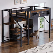 Letto a soppalco in metallo 140x200 cm con scala laterale e spazio contenitivo; nero
