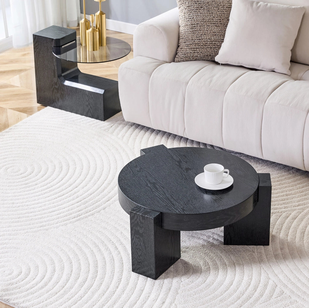 Tavolino da caffè rotondo a due livelli in MDF effetto legno nero e vetro grigio; 61 cm