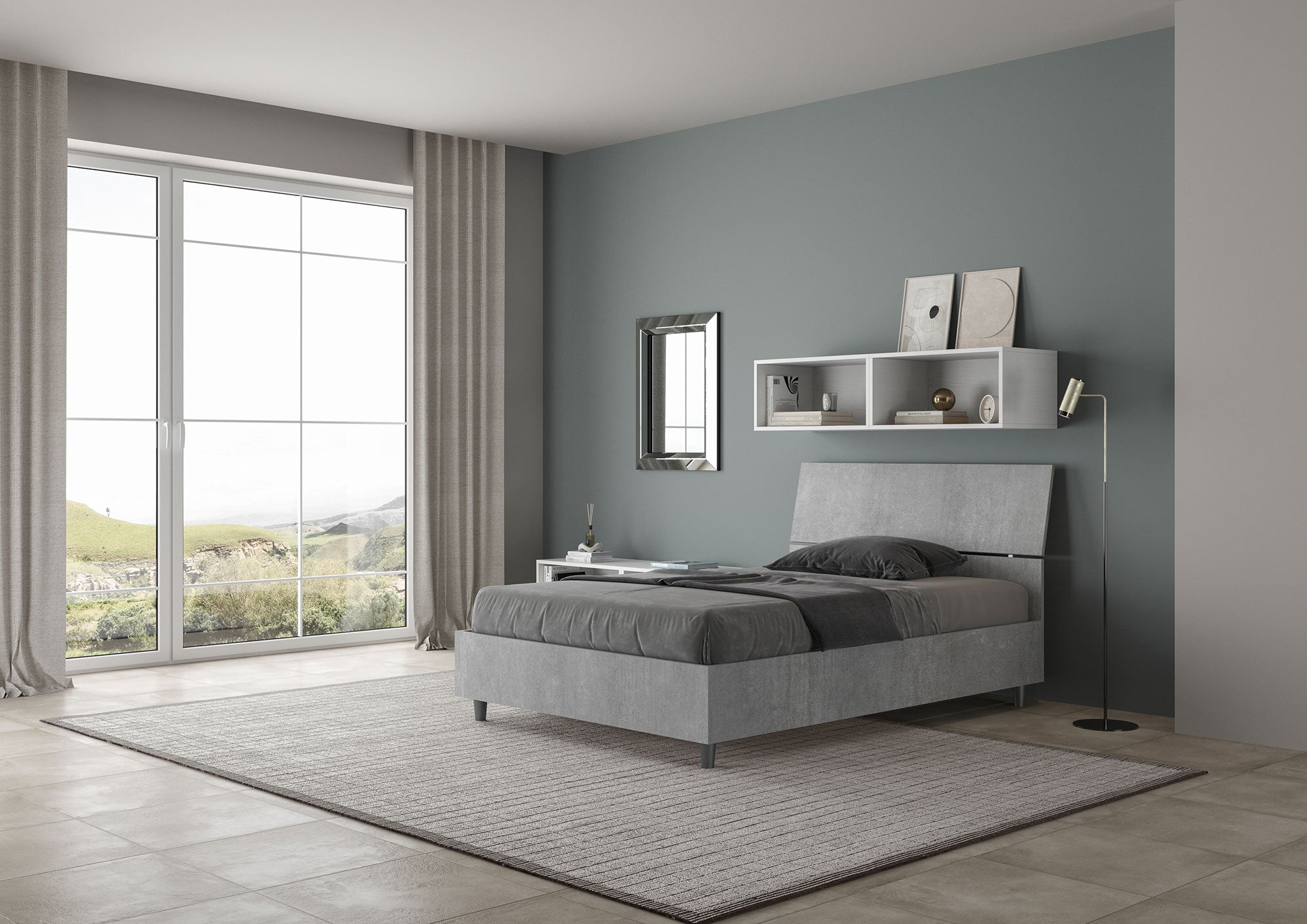 Letto 1 Piazza e Mezzo 120x190 cm con Rete Demas Testata Inclinata Cemento