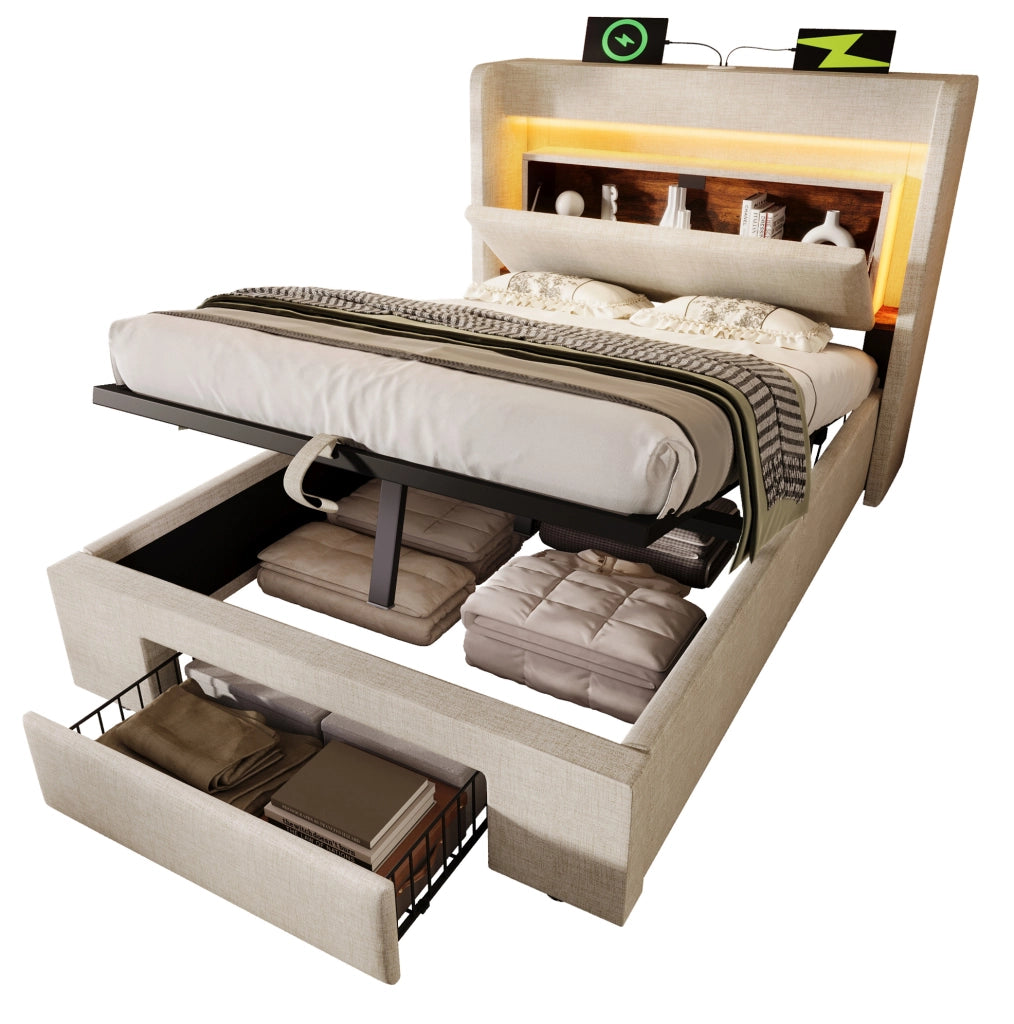 Letto imbottito 90x200 cm beige in lino con contenitore; testiera con USB e LED