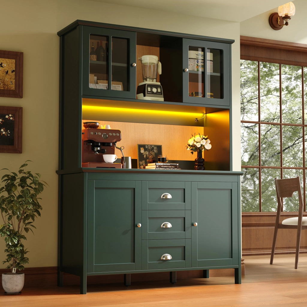 Credenza da cucina con ante in vetro marrone, ripiani regolabili, LED e cassetti, per cucina, verde 120 × 40 × 179 cm