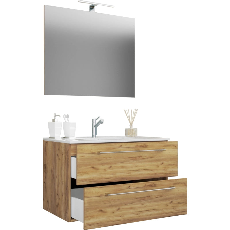 Completo di Ezooza Mobile Sospeso con 2 cassetti Extra Large con lavabo in ceramica di alta qualità e specchio, Rovere miele ,