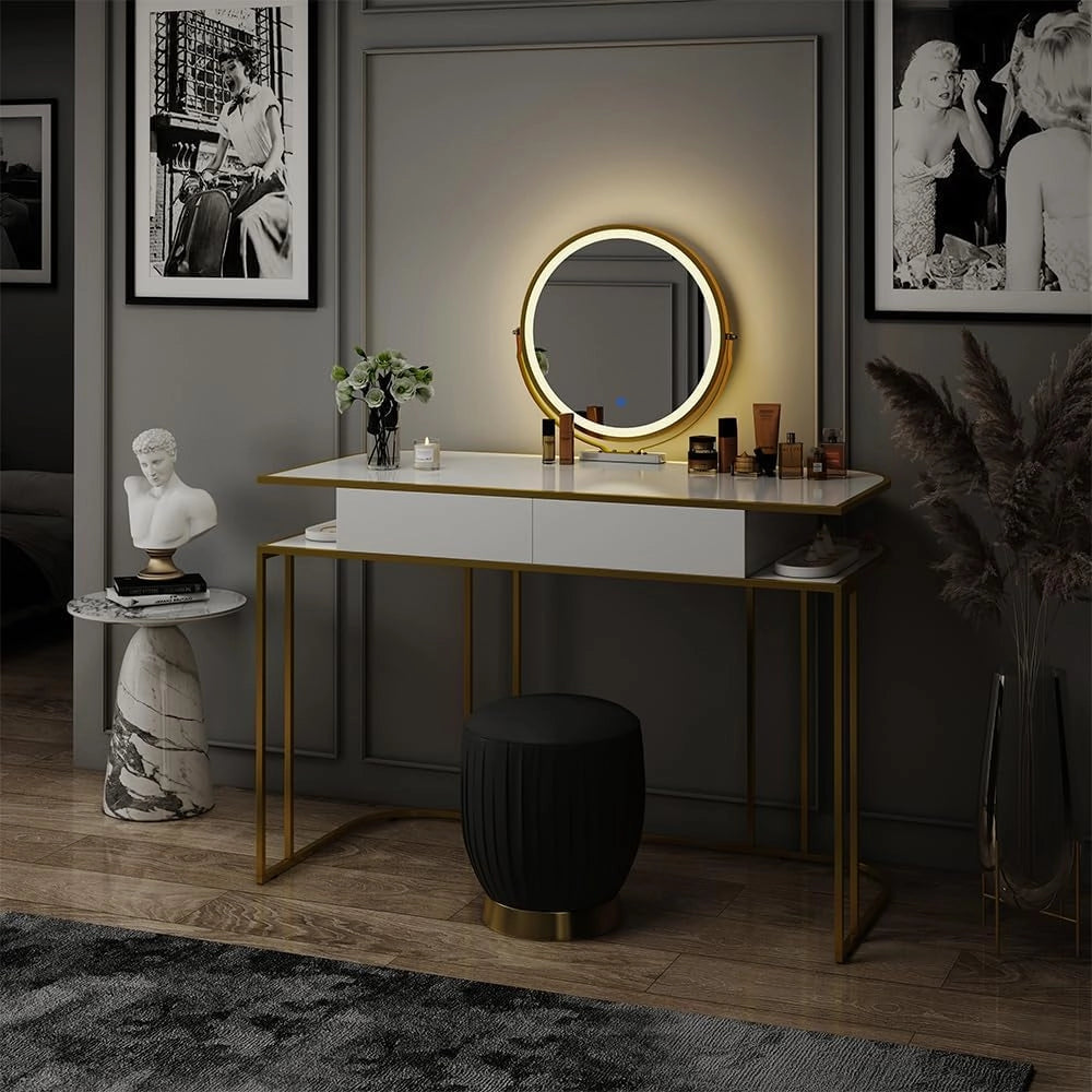 Tavolo da toilette Tiara, Bianco/Oro, 110 cm, con illuminazione LED e specchio regolabile in altezza