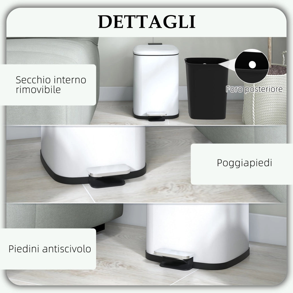 Pattumiera a Pedale 12 Litri 24,5x32x34,5 cm con Chiusura Silenziosa in Metallo e PP Bianco