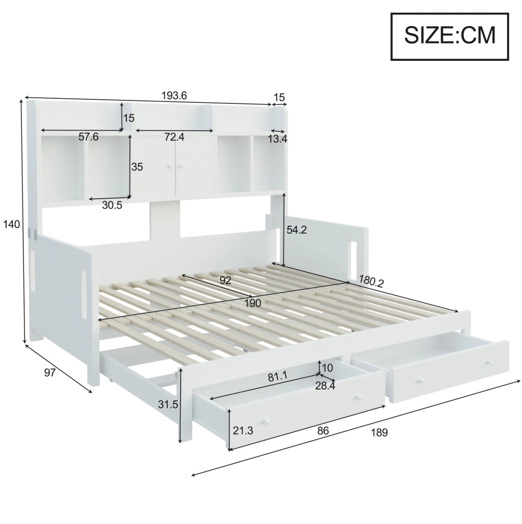 Divano letto estraibile 90x190 cm con contenitore; prese e LED in legno bianco