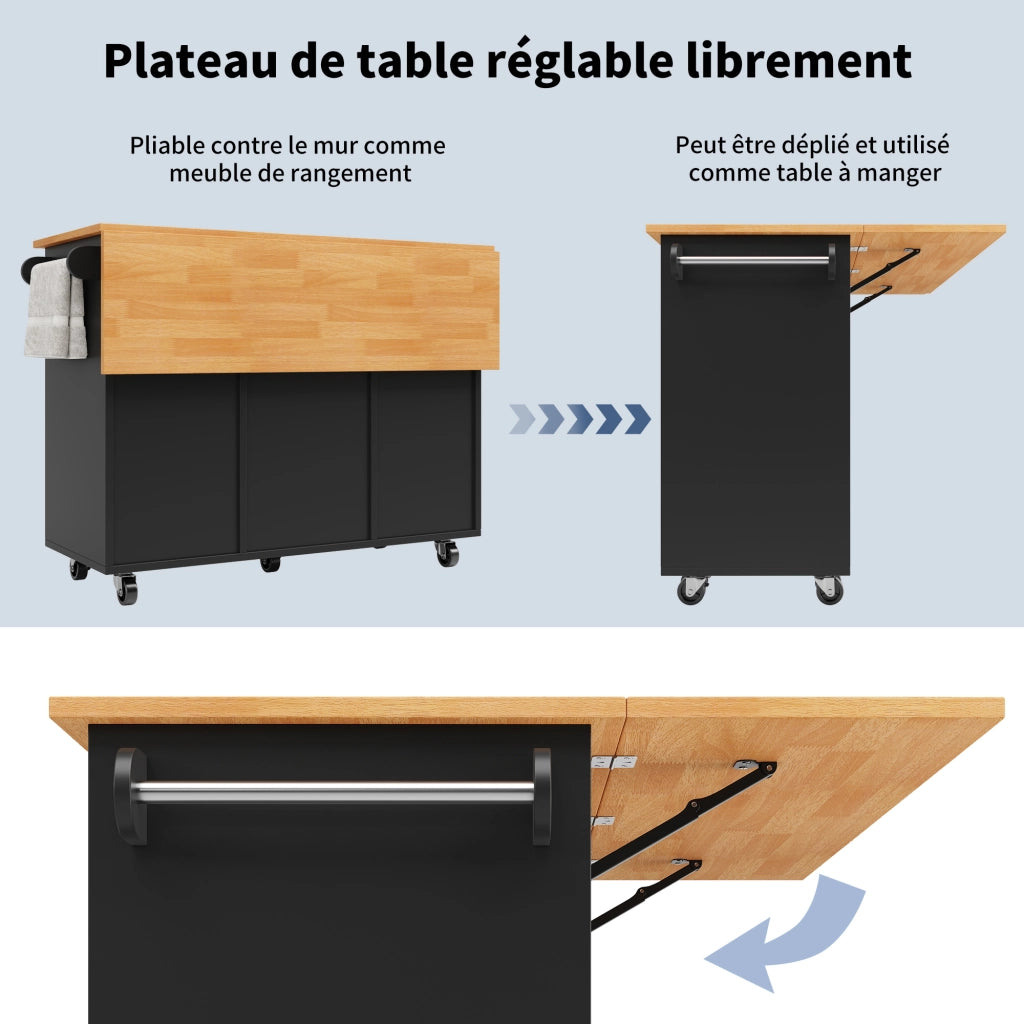 OKWISH Carrello da Cucina con 8 Cassetti, 1 Anta, Ripiano Regolabile, Piano Pieghevole e Ruote, MDF, Nero, 122 x 46 x 91.5 cm