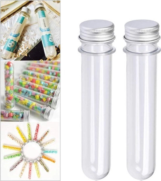 Bottiglie di plastica con chiusura - 15 pezzi - 40 ml - trasparenti - coperchio in alluminio - 140 x 25 mm - per matrimonio - battesimo - nascita - per decorazioni con perle - poeder - attività DIY
