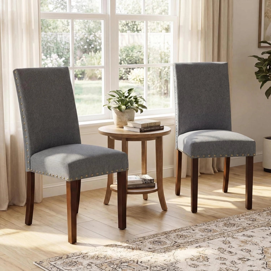 Set di 2 Sedie da Pranzo Imbottite, Sedie da Cucina con Schienale Alto, Gambe in Legno Massello e Piedini Regolabili, Portata 155 kg, Sgabelli Moderni per Cucina, Soggiorno e Ufficio (Grigio)