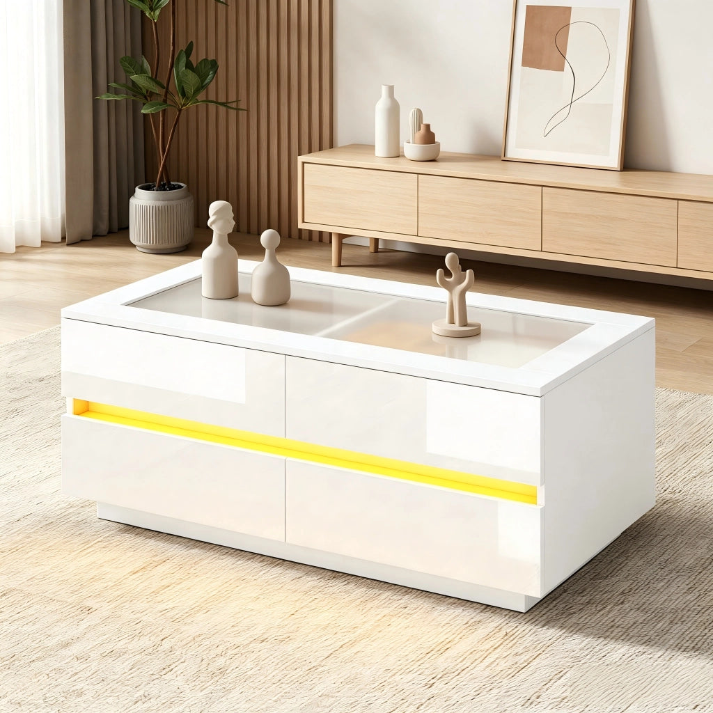 Tavolino da caffè con 4 cassetti; LED e piano in vetro temperato; in pannelli di particelle bianco; 100 × 50 × 40 cm
