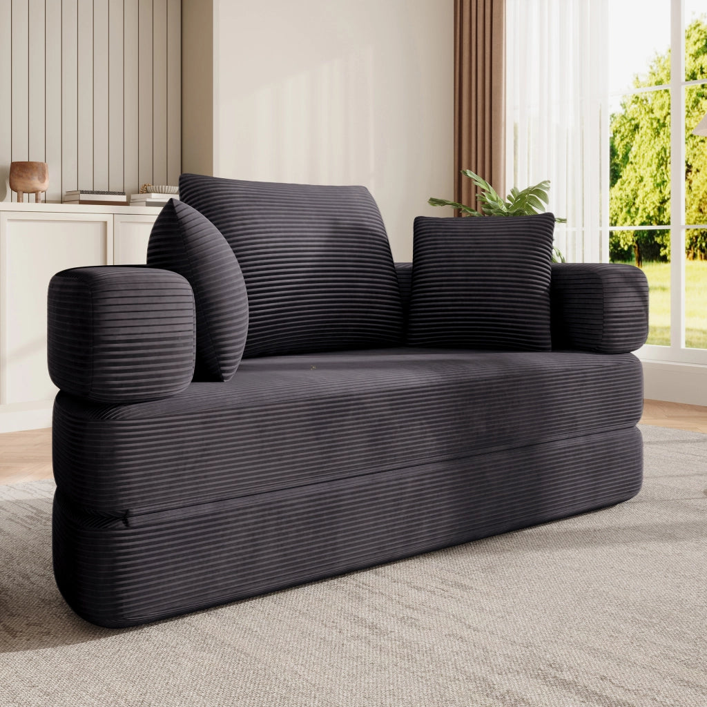Divano letto pieghevole senza molle in velluto a coste con 3 cuscini e schienale alto nero 173 × 176 cm
