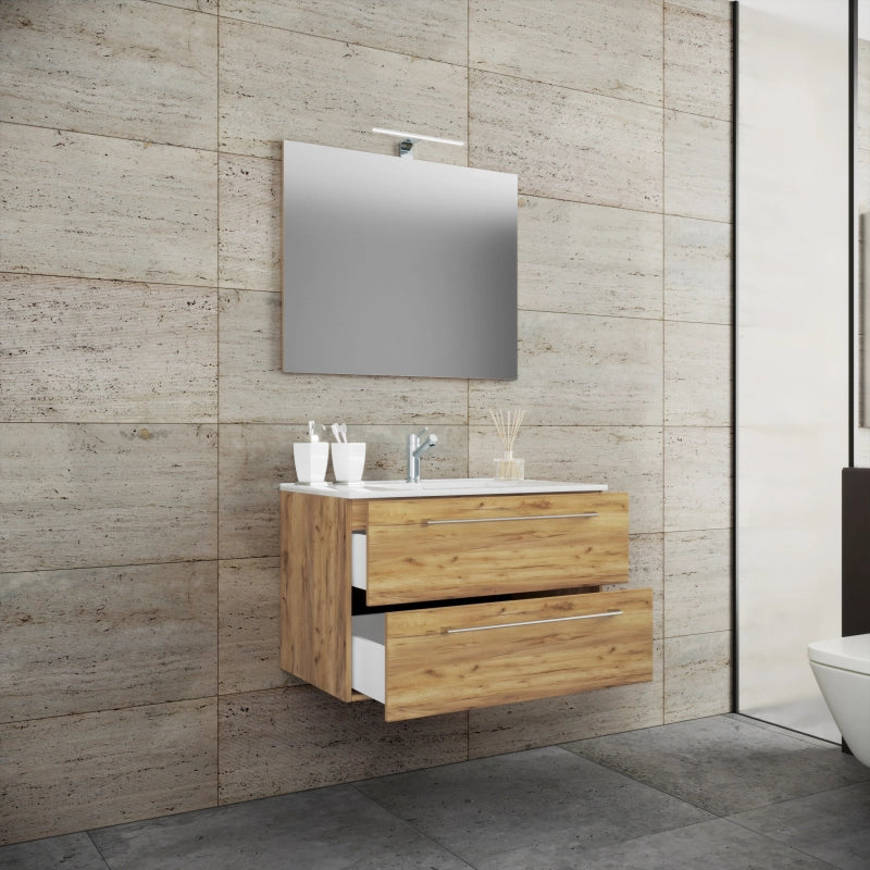 Completo di Ezooza Mobile Sospeso con 2 cassetti Extra Large con lavabo in ceramica di alta qualità e specchio, Rovere miele ,