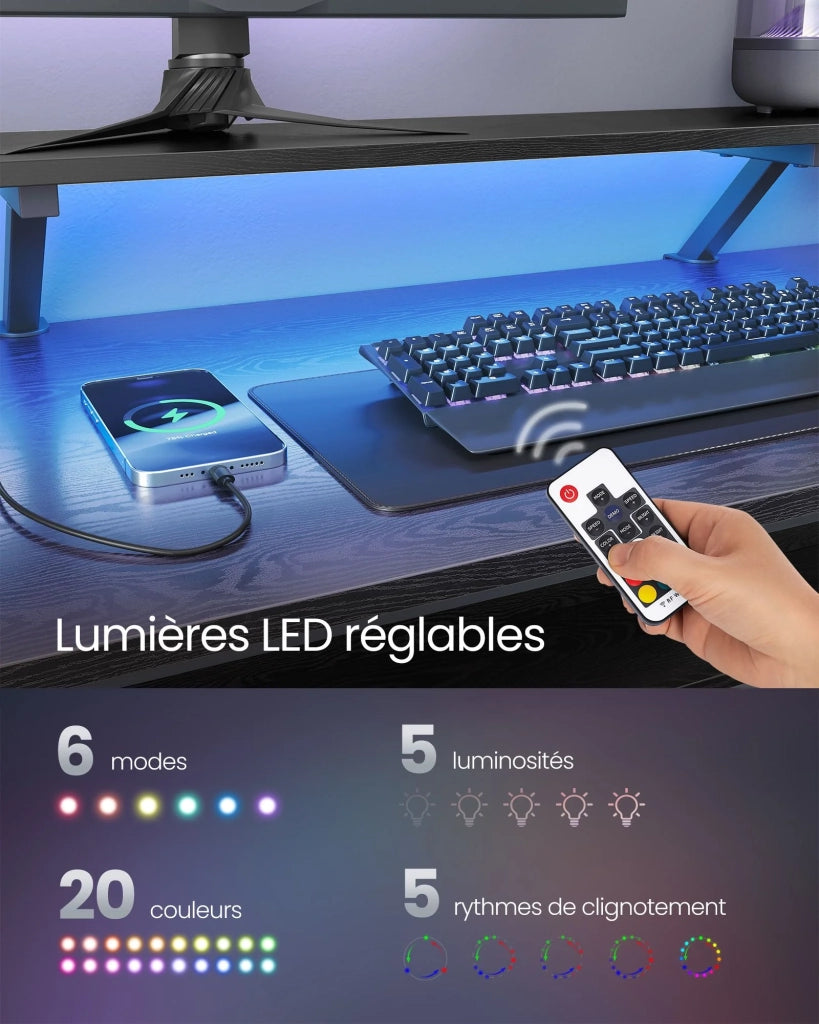 Scrivania angolare con multipresa 120 x 150 x 76 cm scrivania per computer con supporto per monitor scrivania da gaming a LED 2 cassetti 2 porte USB facile da montare nero 12_0004625