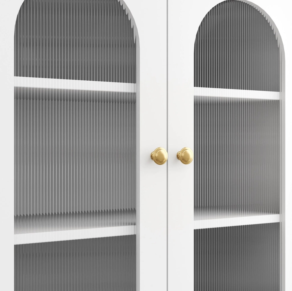 Credenza alta bianca con LED APP, ante acriliche e 3 cassetti