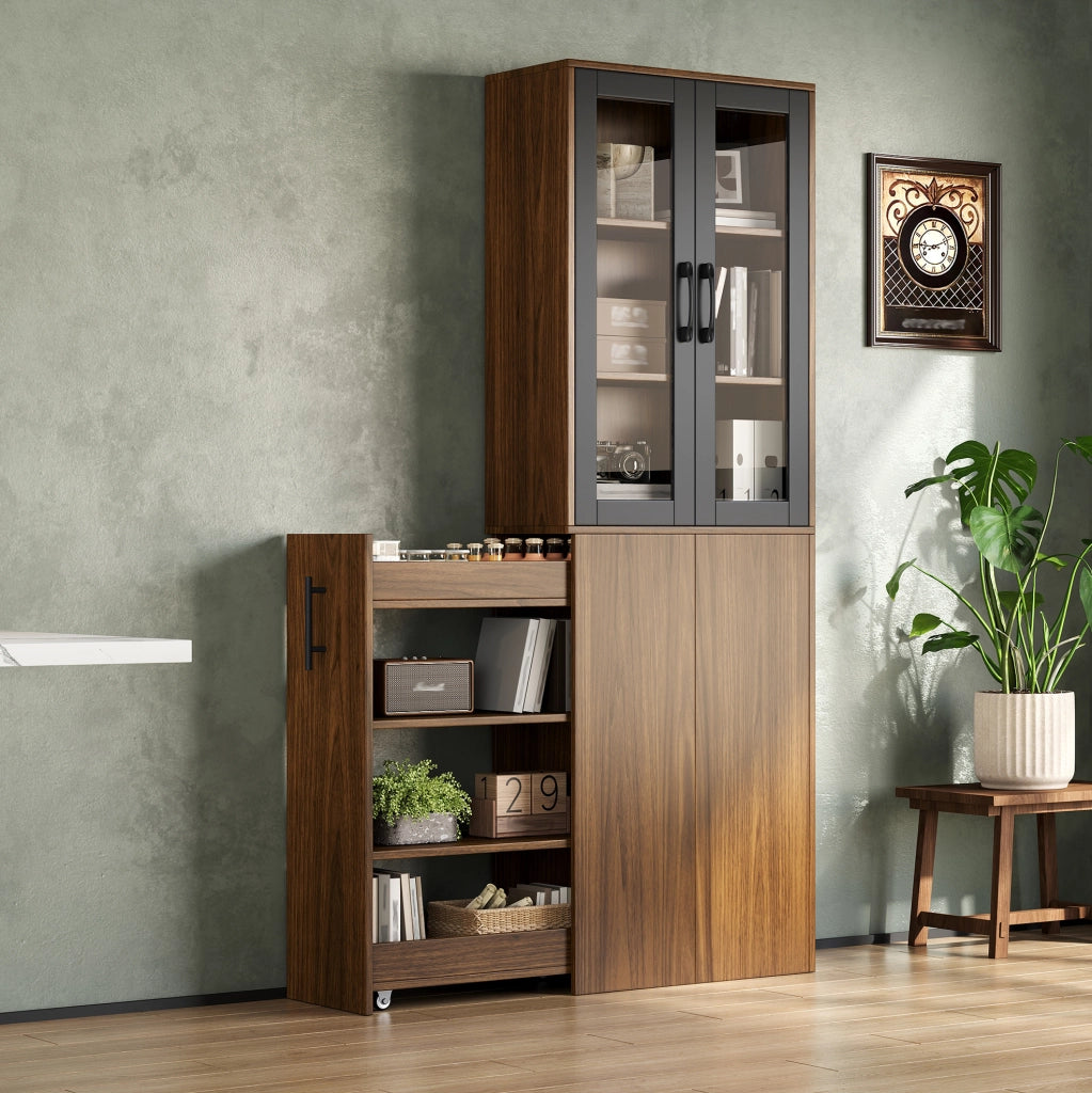 Mobile dispensa sottile da cucina 60x30x180 cm con ante in vetro e carrello estraibile; MDF nero e naturale