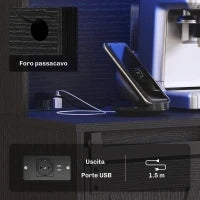 Credenza da Cucina Alta Stile Rustico con 2 Armadietti, Portabottiglie, Prese di Ricarica e Luci LED, Nero
