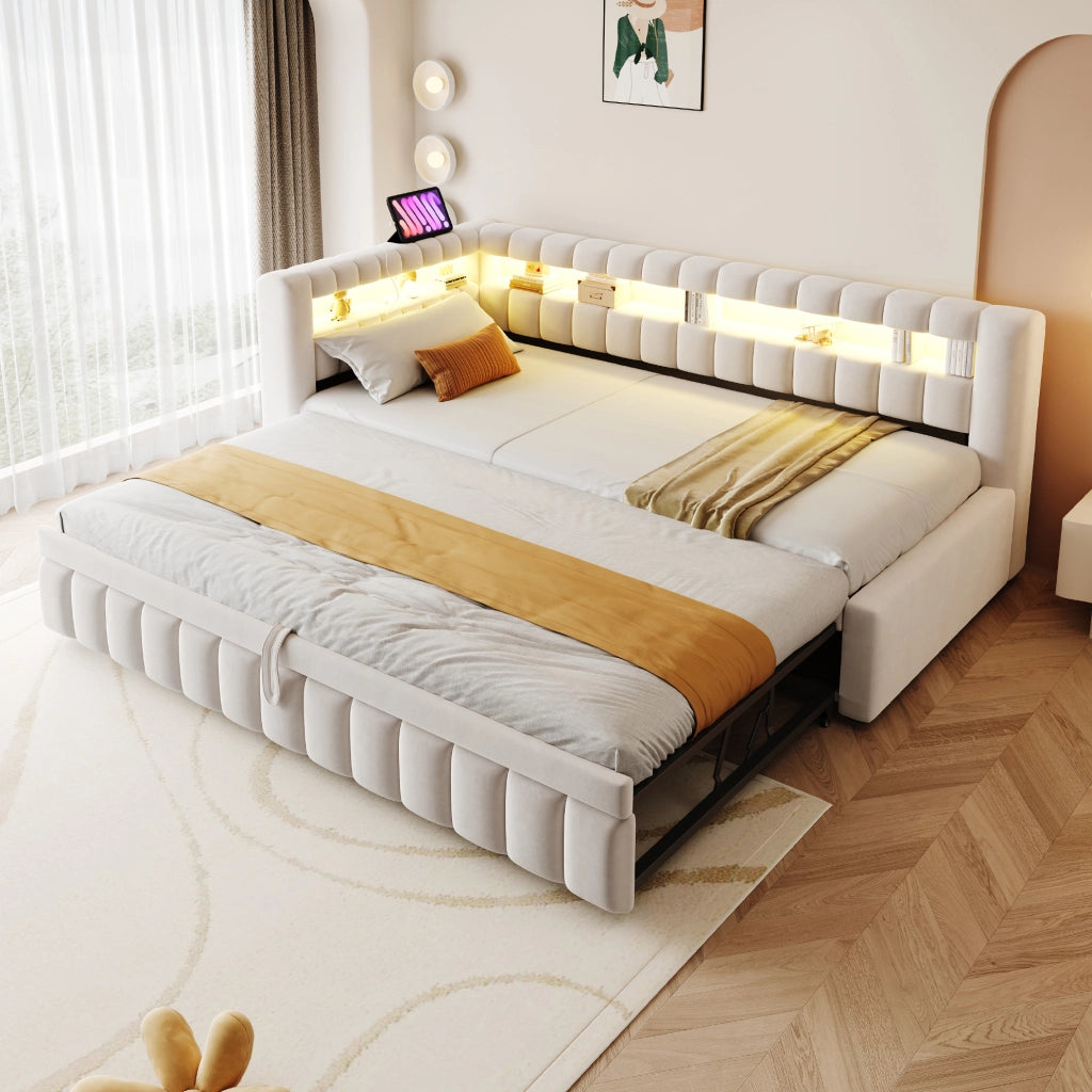Letto divano estraibile 90×200 cm beige in velluto con LED, USB e Type-C