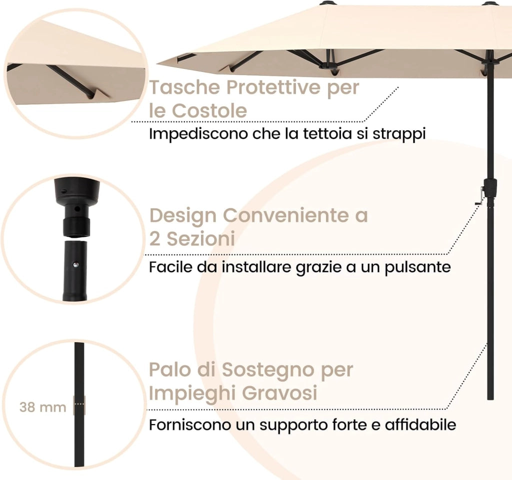 Ombrellone da Giardino Doppio 380 cm, con Manovella e 12 Stecche, Ombrello Rettangolare Pieghevole, per Giardino Piscina Terrazza, 380 x 200 x 222 cm (Beige, Senza Luci)