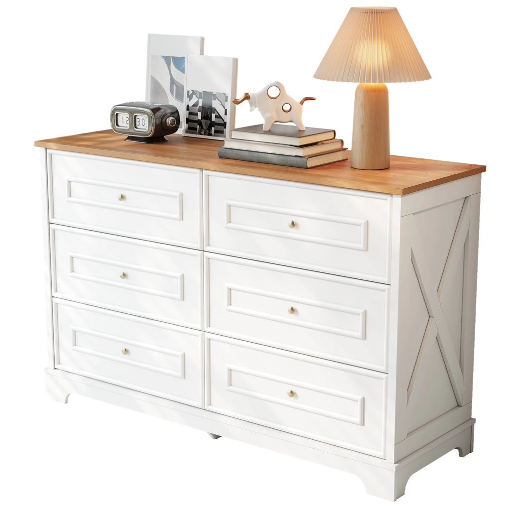 Sideboard 120x40x76 cm con 6 cassetti; motivo rustico; in MDF e truciolato; bianco e naturale