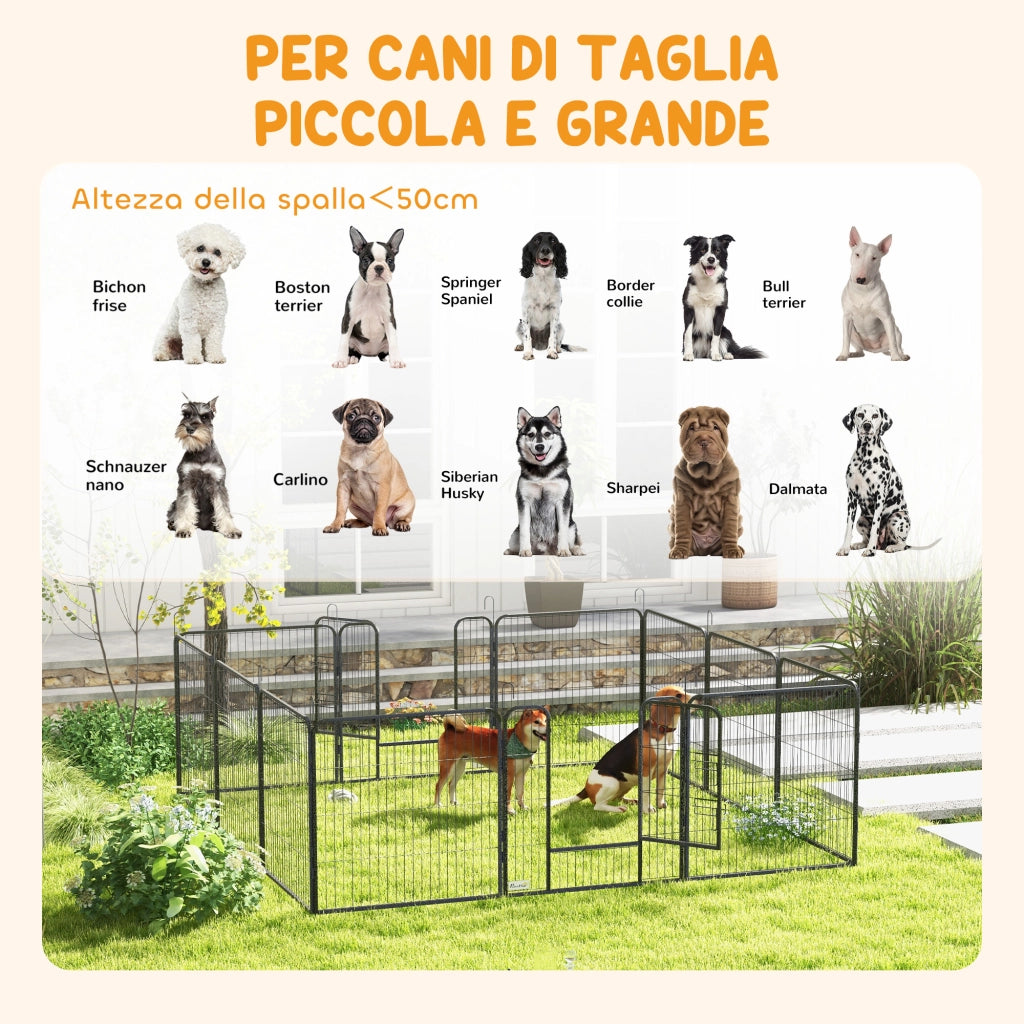 Recinto per Cani a 12 Pannelli Modulabili da 80x1.5x80 cm. Pieghevole con Porta in Acciaio. 12 Picchetti. Grigio