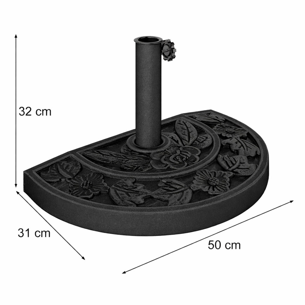 Base Ombrellone Semicircolare Motivo Floreale In Cemento HDPE E Metallo Supporto Per Palo Ø 38/48 Mm Ideale per Balcone Terrazza Giardino Resistente Intemperie 50 x 31 x 7 Cm Nero