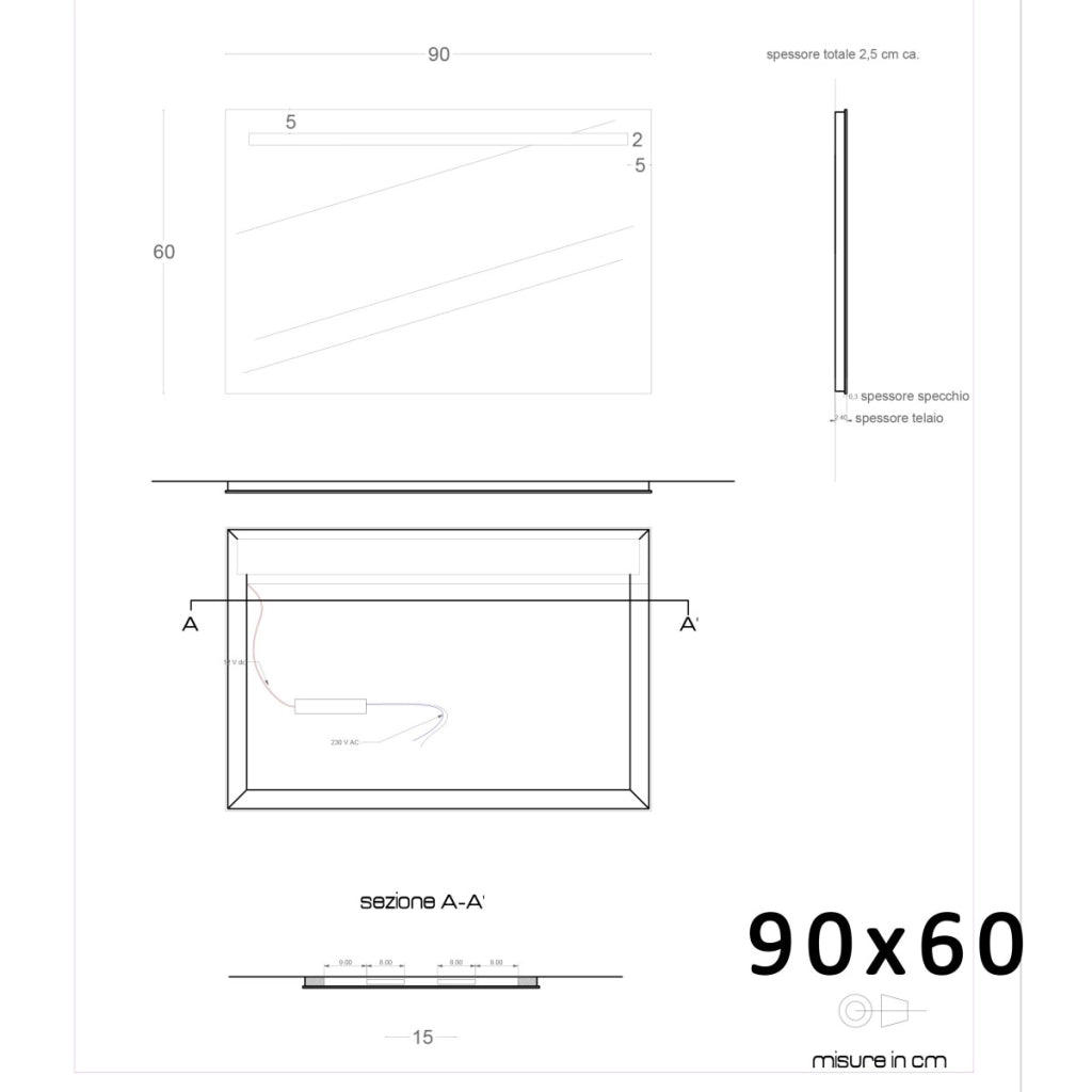 Specchio led bagno per mobile filo lucido 4 debby, misura 90x60