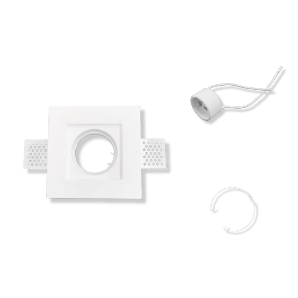 Portafaretto ad incasso quadrato bianco in gesso 100x100x30 mm per GU10 e GU5.3 a led