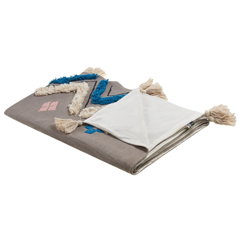 Coperta in cotone grigio 130 x 180 cm copriletto moderno motivo chevron frange soggiorno camera da letto