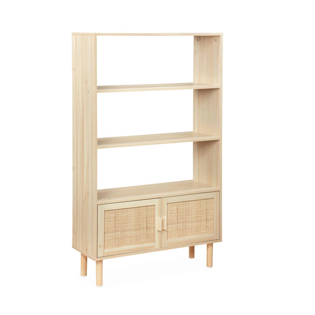 Libreria con canna ed effetto legno, 3 livelli, 2 ante, marrone