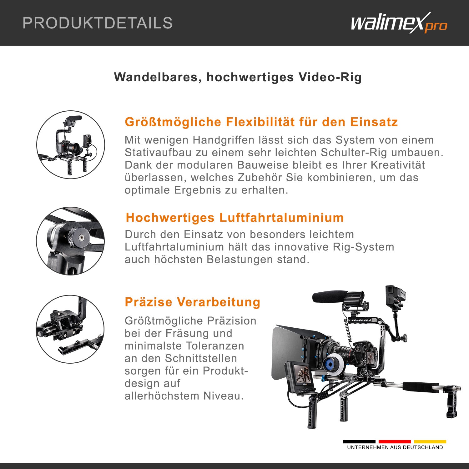 Camera rig modulare Mutabilis per setup fotografia professionale - in alluminio aeronautico - incl. spallacci, maniglia superiore, base e accessori - cage per corpo macchina