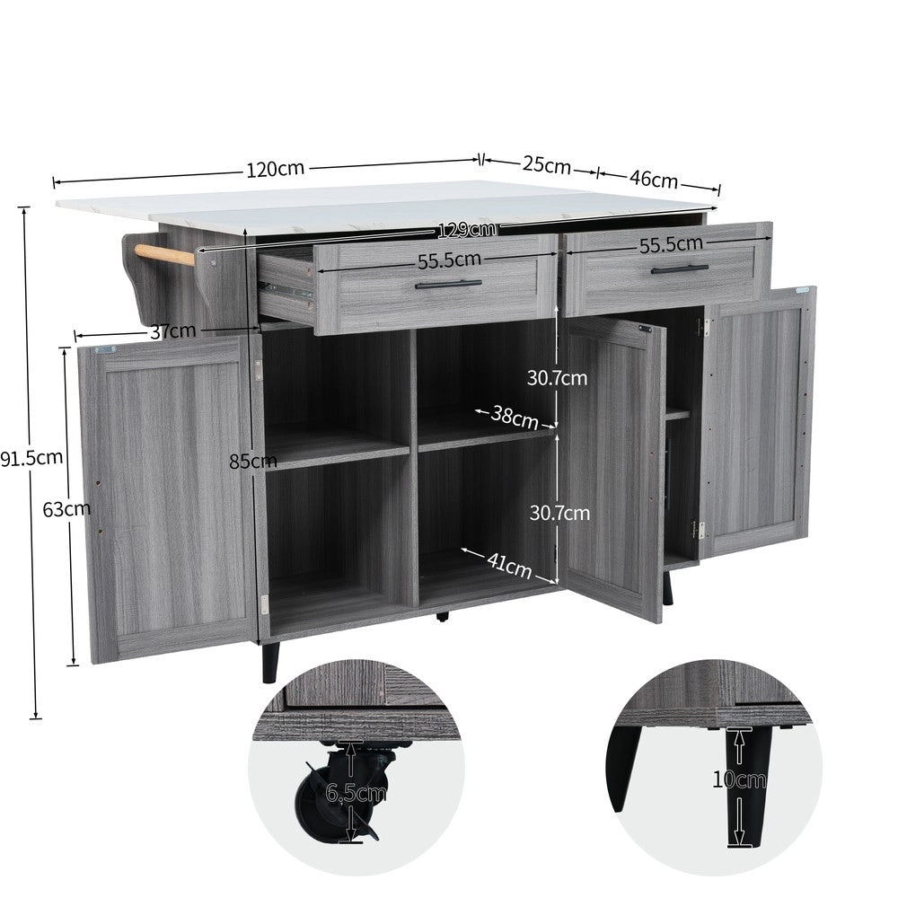Carrello Cucina Pieghevole con 2 Cassetti e Ante ¨C Xylo ¨C Bianco/Grigio, 129x46x91.5 cm