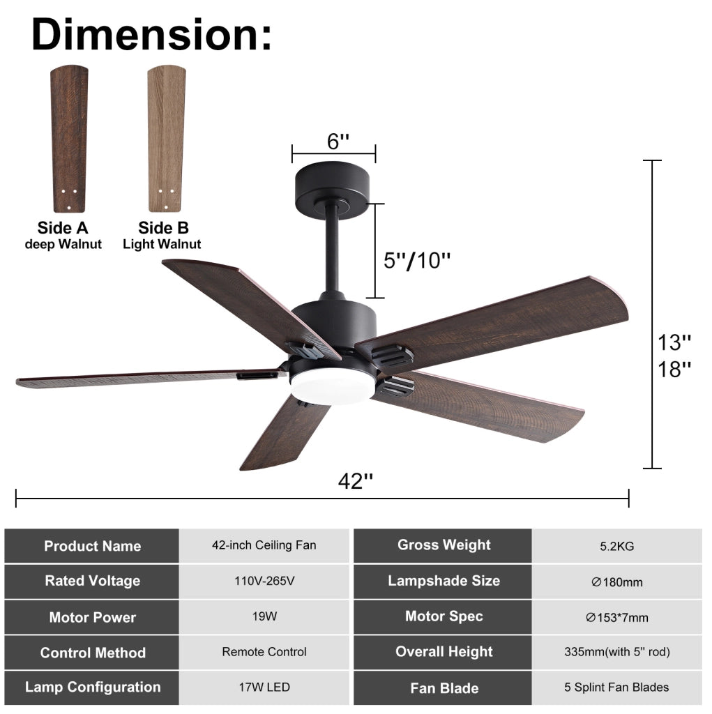 Ventilatore da soffitto 42" con luce LED, telecomando, design moderno in finitura legno noce