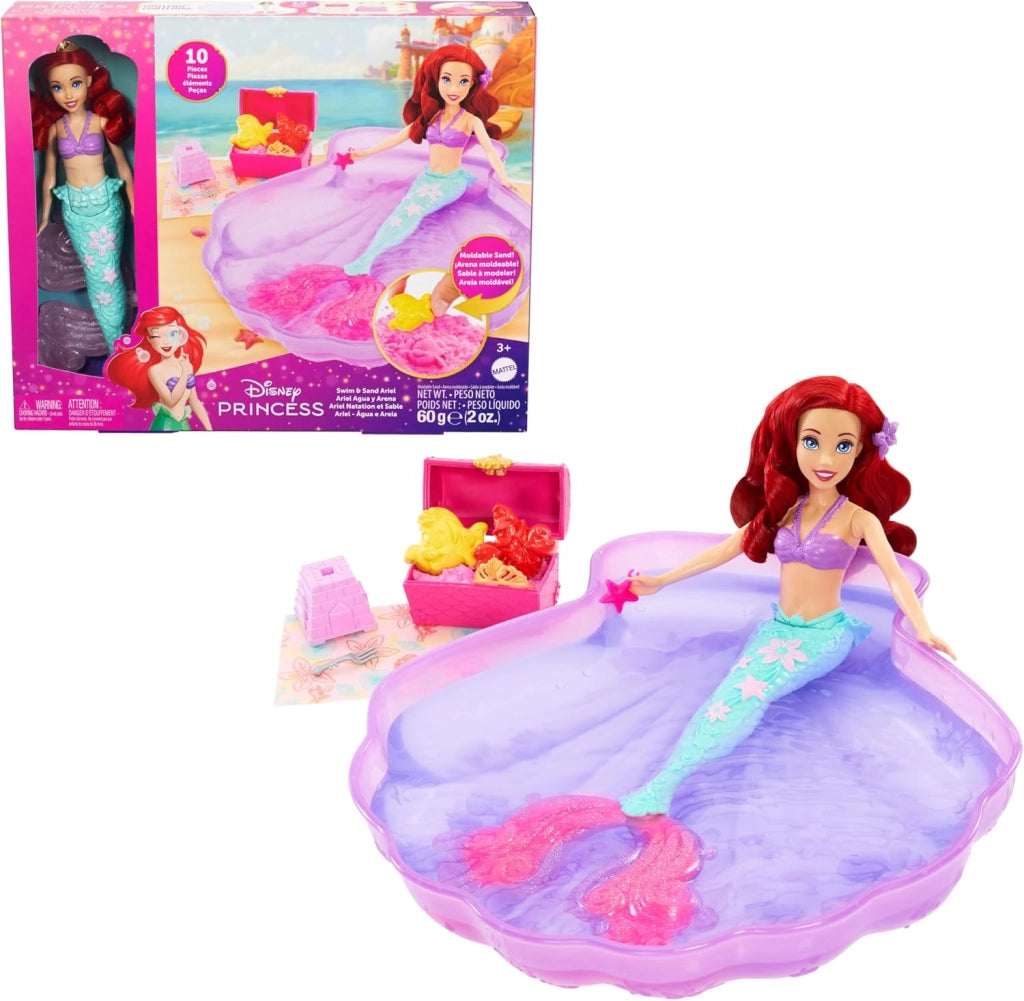 Disney Princess Ariel con piscina, Bambola con ouscina e sabbia magica,Mattel, Eta 3+