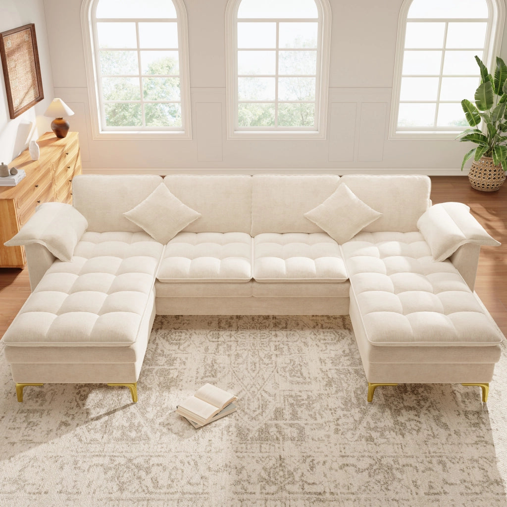 Divano angolare modulare a U 4-5 posti in chenille beige