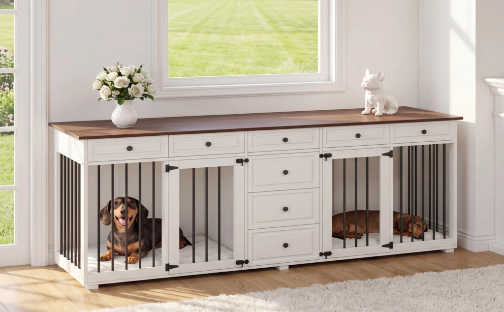 Scaffale per due cani da interno con 8 cassetti e chiusure di sicurezza in MDF e metallo bianco 200 × 60 × 85 cm
