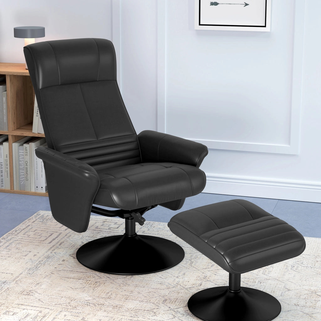 Poltrona relax girevole con poggiapiedi, reclinabile fino a 135°, rivestimento in poliestere nero, portata fino a 150 kg