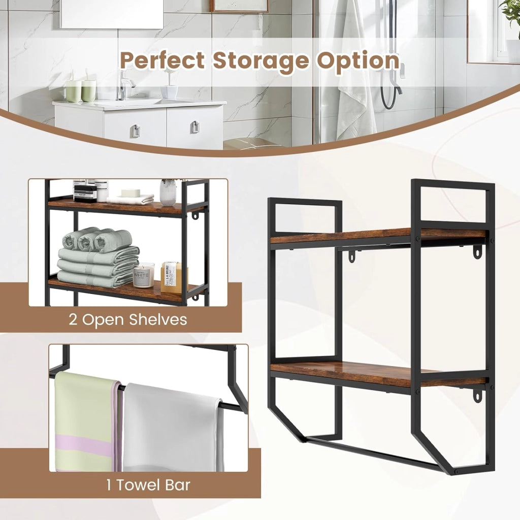 Mensole Bagno a Parete con Barra, Porta Asciugamani e Telaio in Metallo, Scaffale a Muro da Bagno 2 Livelli, Mensole da Muro in Stile Industriale per Soggiorno, Cucina, Marrone Rustico