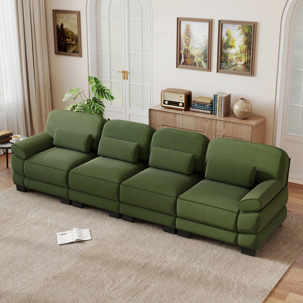 Divano modulare 336x88,5x94 cm in velluto a coste verde con cuscino lombare