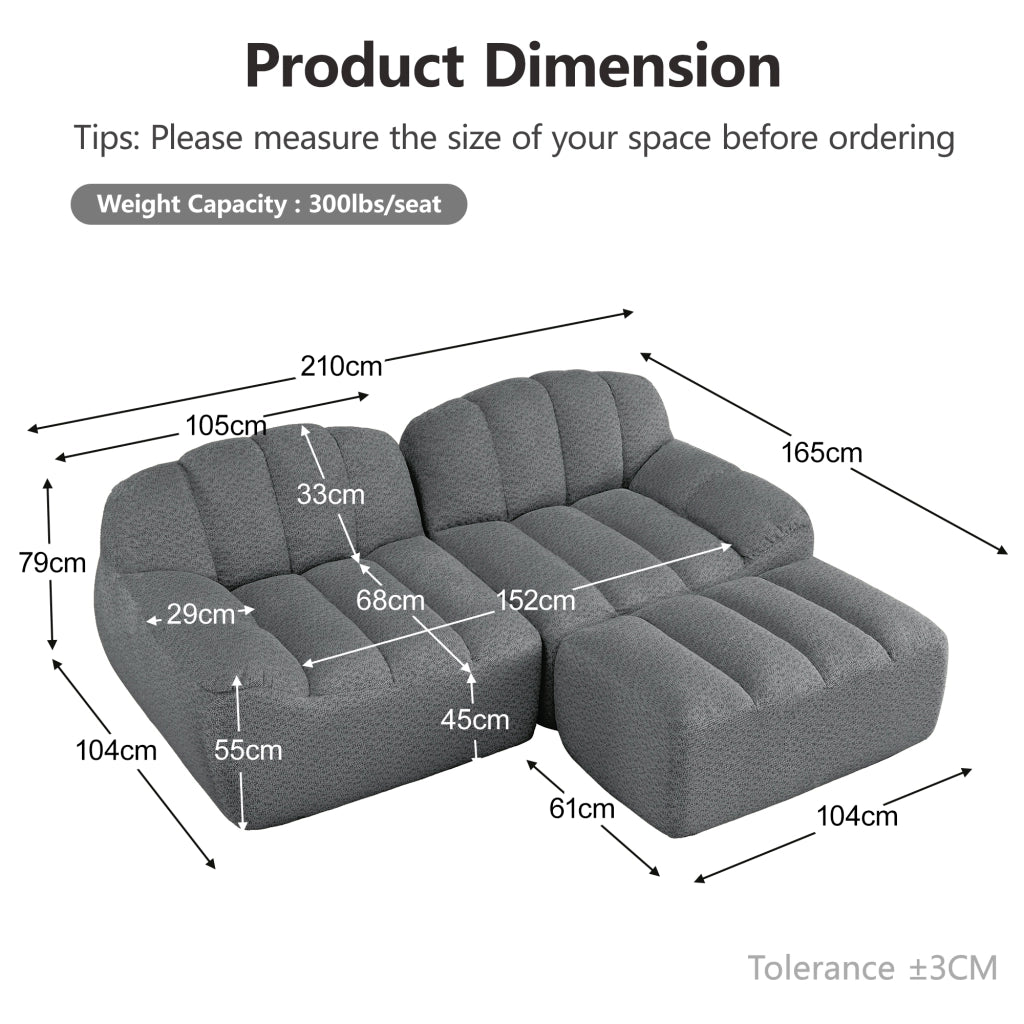 Divano Modulare 2 Posti Angolare con Ottoman ¨C MINIMAL ¨C Tessuto Grigio