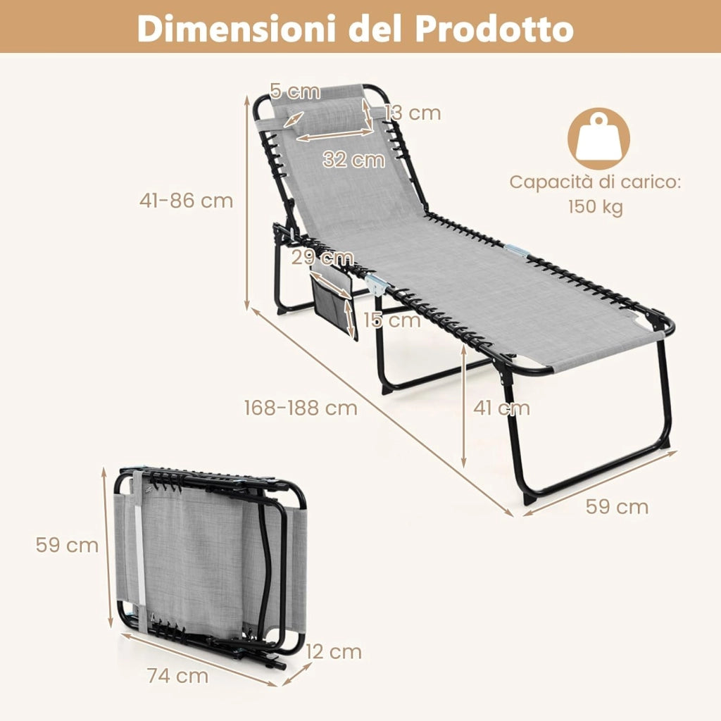 Sedia a Sdraio Pieghevole, Lettino da Giardino con Schienale a 4 Livelli, Tasca Laterale e Poggiatesta Staccabile, Ideale per Giardino, Piscina, Campeggio, Portata 150 kg (Grigio)