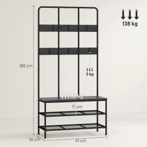 APPENDIABITI 3-in-1 con 6 ganci, panca e scarpiera, nero